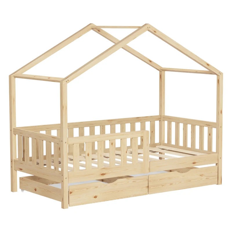 Kinderbett Hausbett mit 2 Schubkasten 80x160 cm Natur aus Kiefernholz mit Rausfallschutz und Lattenrost ML-Design