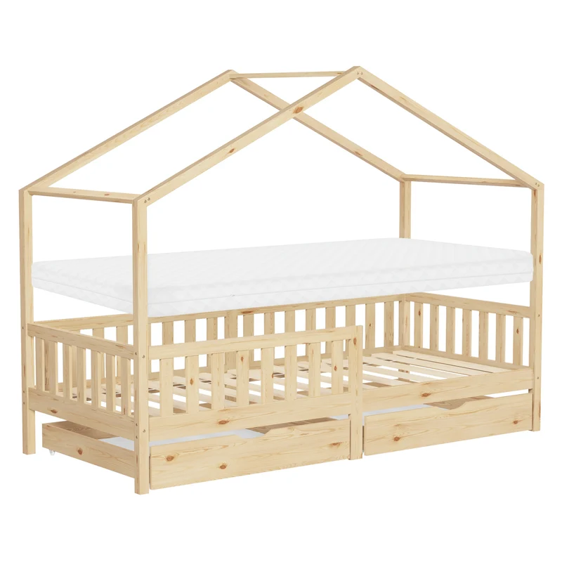Kinderbett Hausbett 90x200 cm Natur aus Kiefernholz mit Matratze H:10cm, 2 Schubkasten, Rausfallschutz & Lattenrost ML-Design