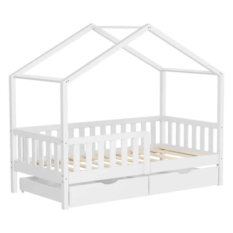 Kinderbett Hausbett mit 2 Schubkasten 80x160 cm Weiß aus Kiefernholz mit Rausfallschutz und Lattenrost ML-Design