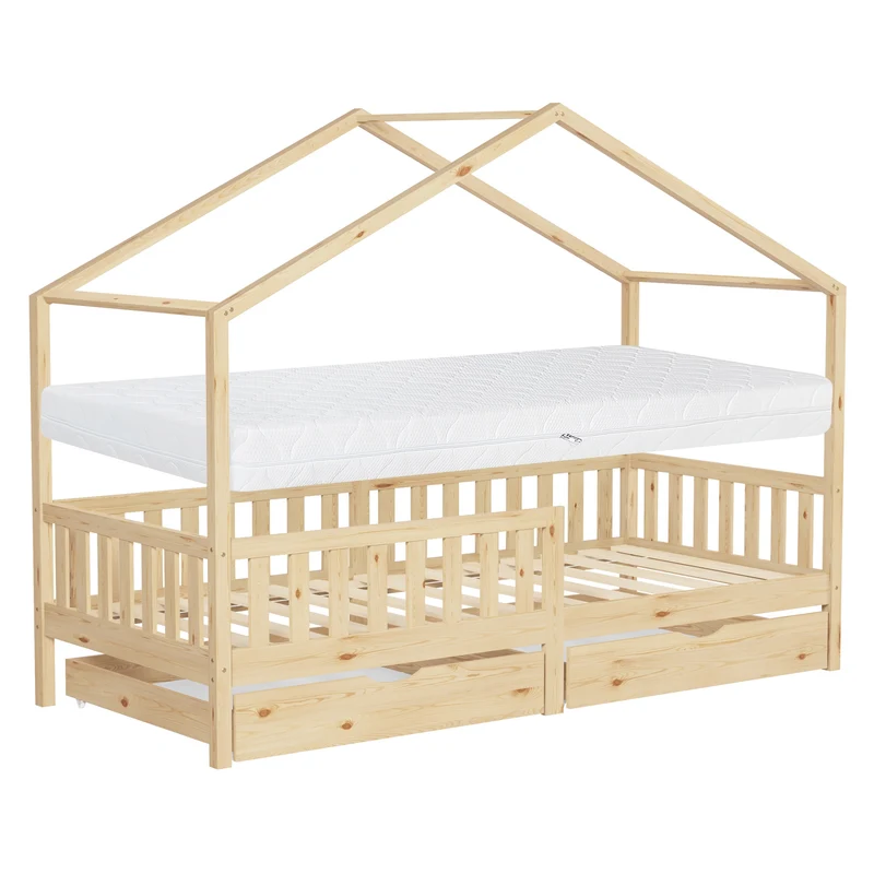 Kinderbett Hausbett 90x200 cm Natur aus Kiefernholz mit Matratze H:16cm, 2 Schubkasten, Rausfallschutz & Lattenrost ML-Design