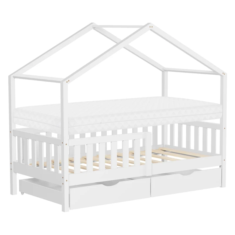 Kinderbett Hausbett 80x160 cm Weiß aus Kiefernholz mit Matratze H:10cm, 2 Schubkasten, Rausfallschutz & Lattenrost ML-Design