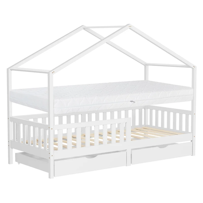 Kinderbett Hausbett 90x200 cm Weiß aus Kiefernholz mit Matratze H:16cm, 2 Schubkasten, Rausfallschutz & Lattenrost ML-Design