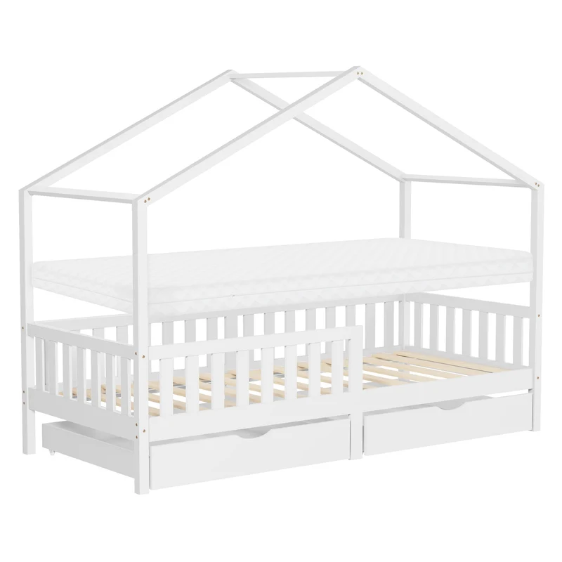 Kinderbett Hausbett 90x200 cm Weiß aus Kiefernholz mit Matratze H:10cm, 2 Schubkasten, Rausfallschutz & Lattenrost ML-Design