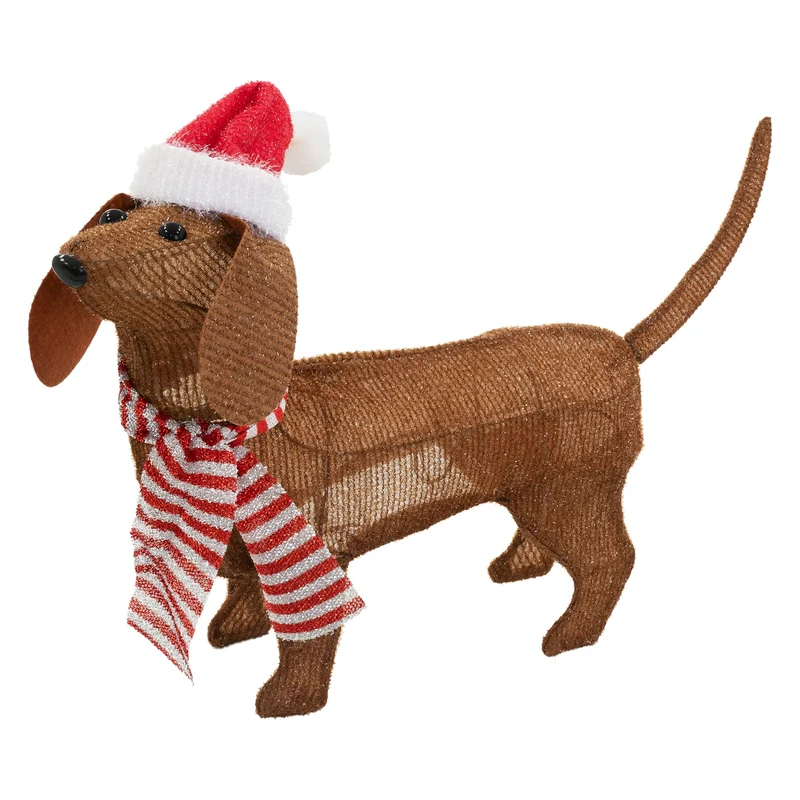 LED Dackel mit Mütze und Schal, 60x43 cm, batteriebetrieben, LED Weihnachtsdekoration, IP44 für Innen und Außen