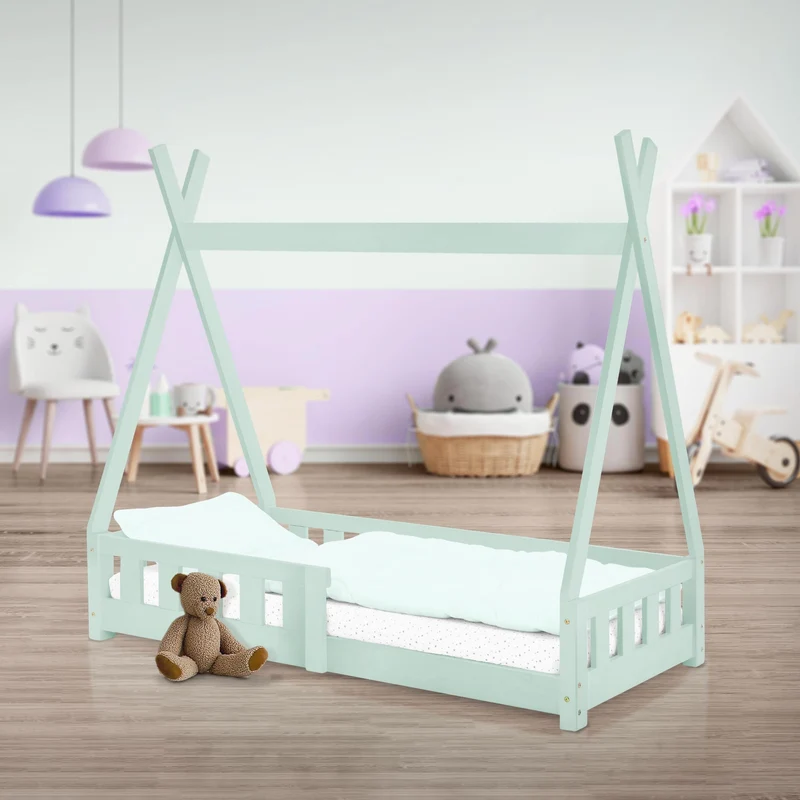 B-Ware Kinderbett Tipi 70x140 cm Minze aus Kiefernholz mit Rausfallschutz und Lattenrost Holzbett ML-Design