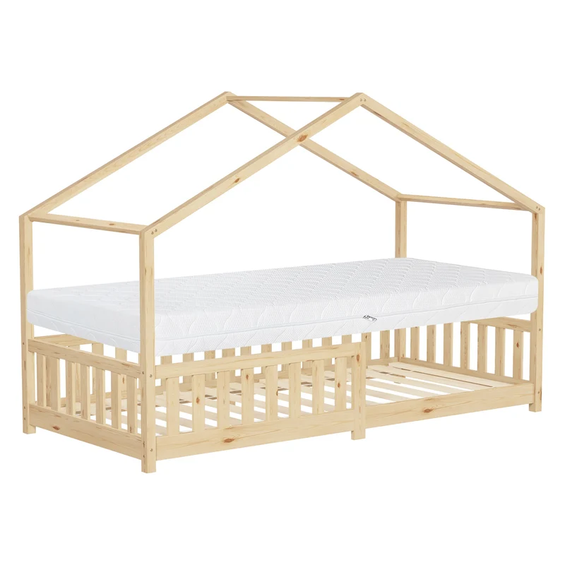 Kinderbett Hausbett 90x200 cm Natur aus Kiefernholz mit Matratze H:16cm Rausfallschutz und Lattenrost ML-Design