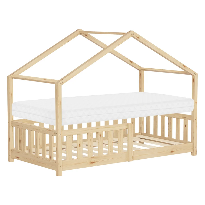 Kinderbett Hausbett 80x160 cm Natur aus Kiefernholz mit Matratze H:10cm Rausfallschutz und Lattenrost ML-Design