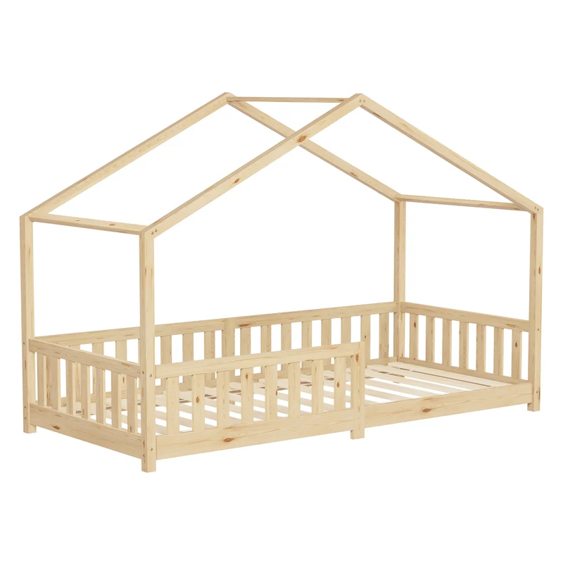 Kinderbett Hausbett 90x200 cm Natur aus Kiefernholz Holzbett mit Rausfallschutz und Lattenrost ML-Design