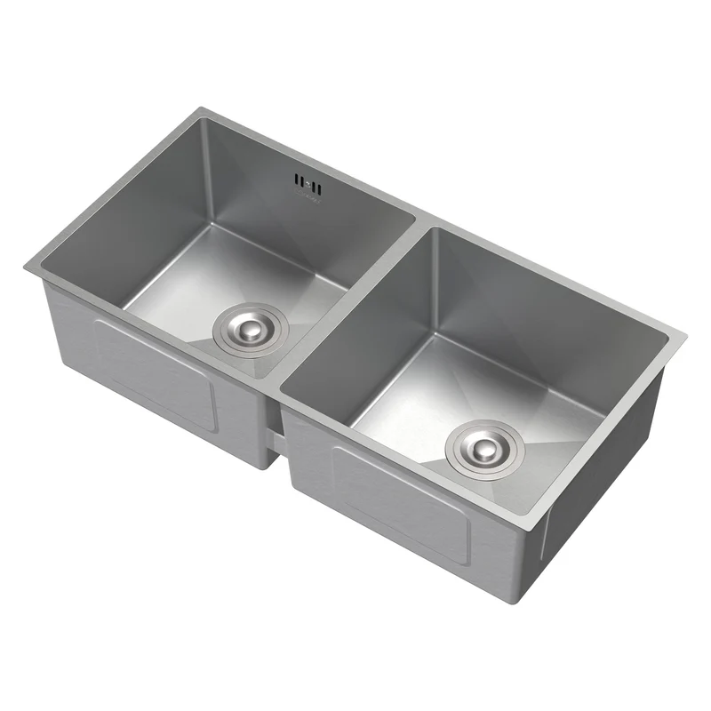 Einbauspüle mit Doppelbecken Silber Küchenspüle mit Ab- und Überlaufgarnitur aus Edelstahl ML-Design
