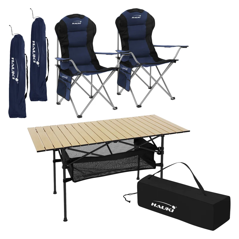 Camping Set 3-teilig mit Klapptisch Beige und 2 Campingstühlen Blau HAUKI