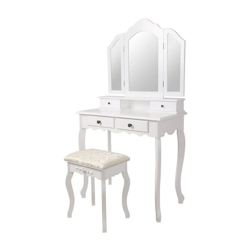 B-Ware Schminktisch Frisiertisch 75x140x40 cm in Weiß mit Spiegel 3-tlg, 4 Schubladen & Hocker ML-Design