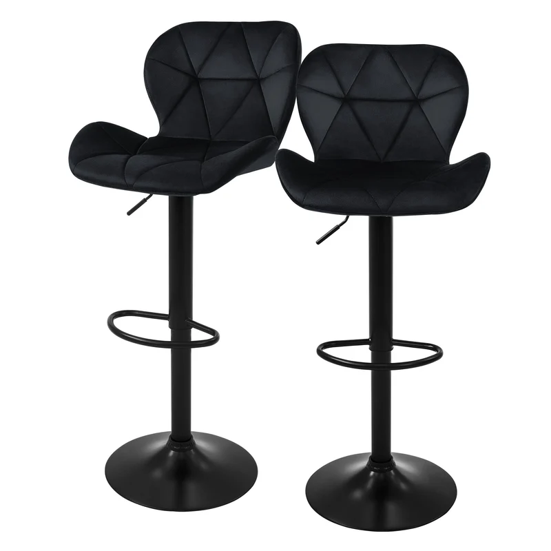 B-Ware Barhocker 2er Set Schwarz Samtbezug mit Rückenlehne und Fußstütze höhenverstellbar 59-79cm ML-Design