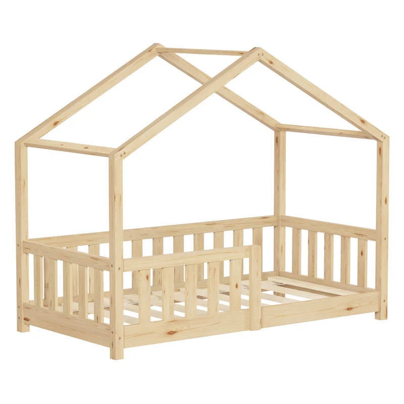 B-Ware Kinderbett Hausbett 70x140 cm Natur aus Kiefernholz Holzbett mit Rausfallschutz und Lattenrost ML-Design