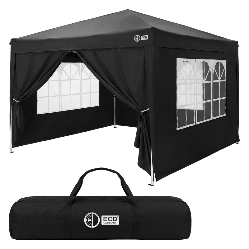 ECD Germany | Pavillon Pop Up Wasserabweisend mit 4 Seitenwänden 3x3 m Polyester Oxford-Gewebe Schwarz Faltpavillon Gartenpavillon Gartenzelt