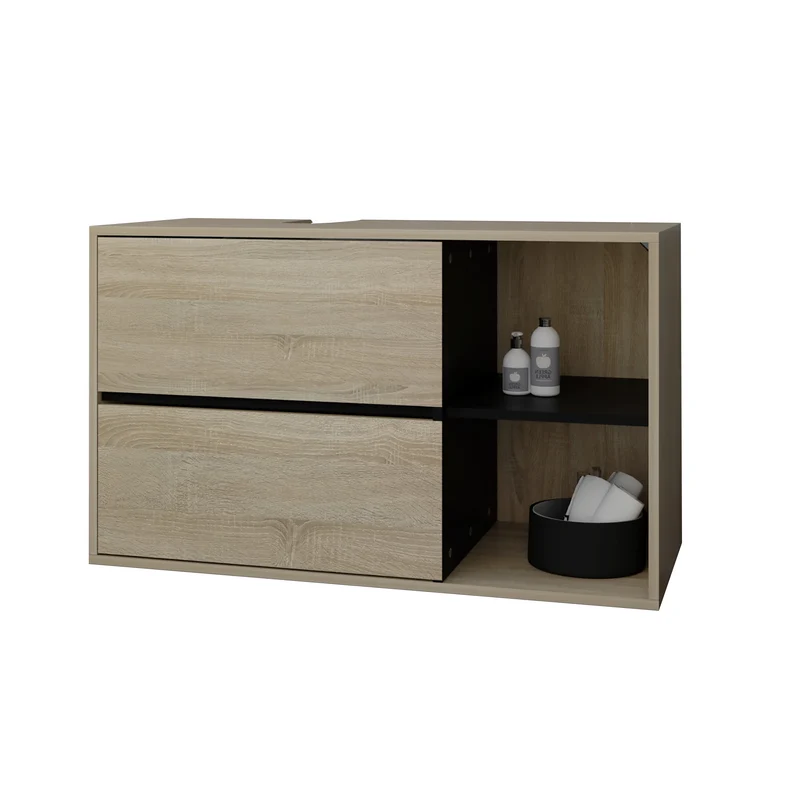 B-Ware Waschbeckenunterschrank Badezimmerschrank 100x60x45,5 cm mit 2 Schubladen und Ablagen in Braun/Schwarz ML-Design