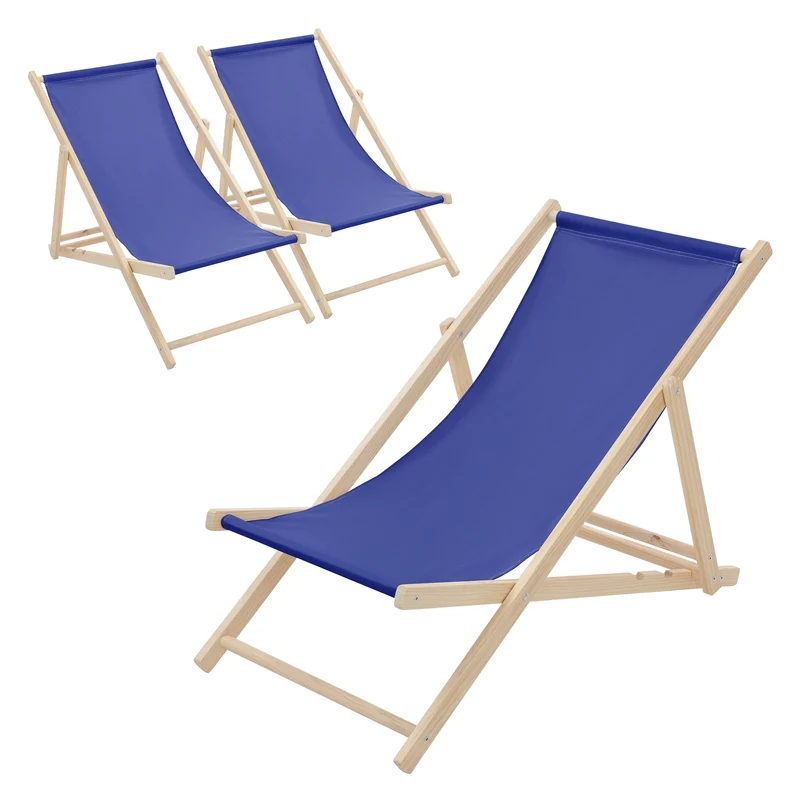 3er Set Liegestuhl klappbar Dunkelblau Holz verstellbare Rückenlehne bis 120 kg Sonnenliege Gartenliege Strandliege