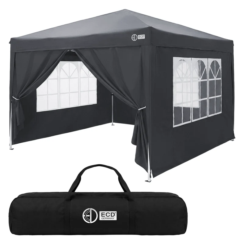 ECD Germany | Pavillon Pop Up B-Ware Wasserabweisend mit 6 Seitenwänden 3x3 m Polyester Oxford-Gewebe Anthrazit Faltpavillon Gartenpavillon Gartenzelt