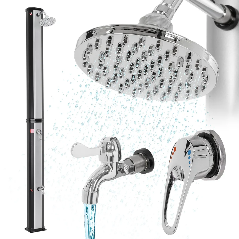 B-Ware Solardusche 35L mit Fußdusche und Regenduschkopf Silber/Schwarz aus PVC verchromt