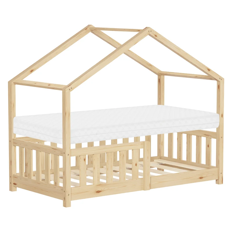 Kinderbett Hausbett 70x140 cm Natur aus Kiefernholz mit Matratze H:10cm Rausfallschutz und Lattenrost ML-Design
