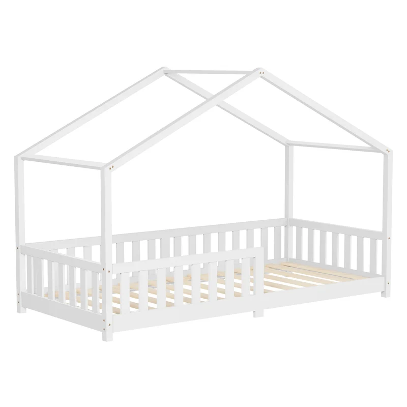 Kinderbett Hausbett 90x200 cm Weiß aus Kiefernholz Holzbett mit Rausfallschutz und Lattenrost ML-Design