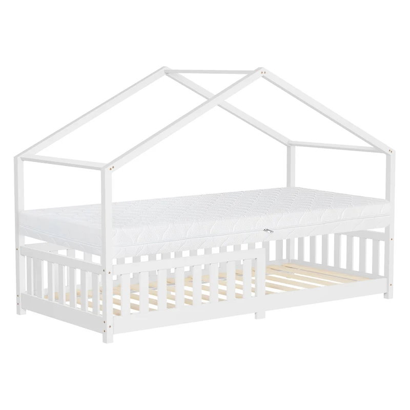 Kinderbett Hausbett 90x200 cm Weiß aus Kiefernholz mit Matratze H:16cm Rausfallschutz und Lattenrost ML-Design