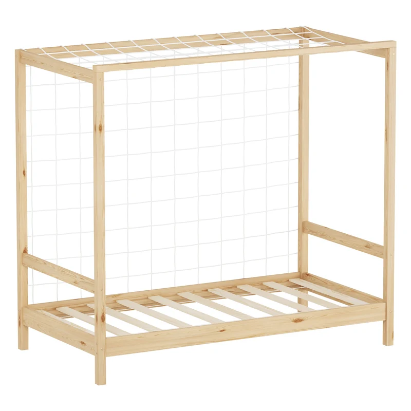 Kinderbett Fußballtor 80x160 cm Natur Einzelbett für Kinder Holzbett mit Lattenrost & Tornetz Handballtor ML-Design