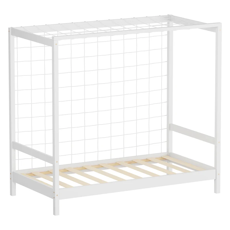 Kinderbett Fußballtor 80x160 cm Weiß Einzelbett für Kinder Holzbett mit Lattenrost & Tornetz Handballtor ML-Design