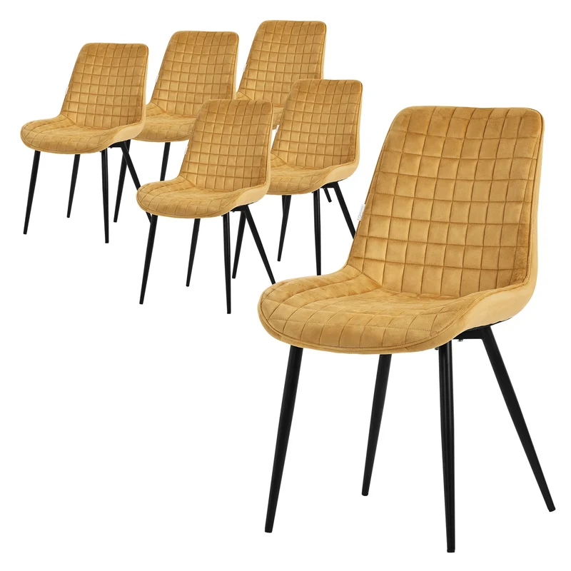 Esszimmerstuhl 6er Set Senfgelb mit Samtbezug und Stahlbeinen Küchenstuhl mit Rückenlehne ML-Design