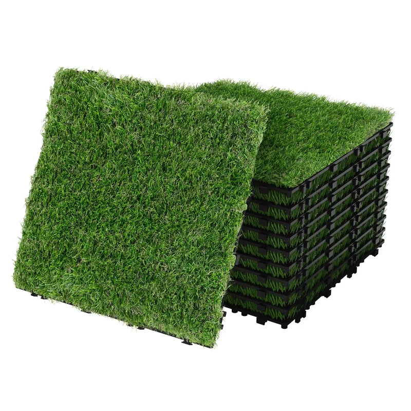 Kunstrasen Fliesen 30x30 cm, 11 Stück=1m², Grasoptik Bodenbelag mit Klicksystem und Drainage ML-Design