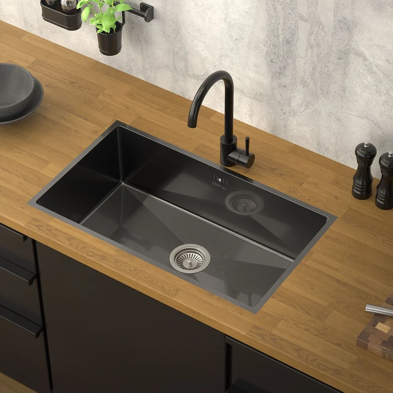 B-Ware Einbauspüle 70x40 cm Anthrazit mit Ablaufgarnitur und Überlauf aus Edelstahl ML-Design