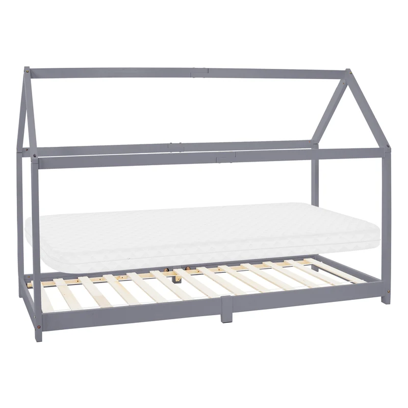 Kinderbett Hausbett 90x200 cm Hellgrau aus Kiefernholz inkl. Matratze H-10cm Holzbett mit Dach und Lattenrost ML-Design