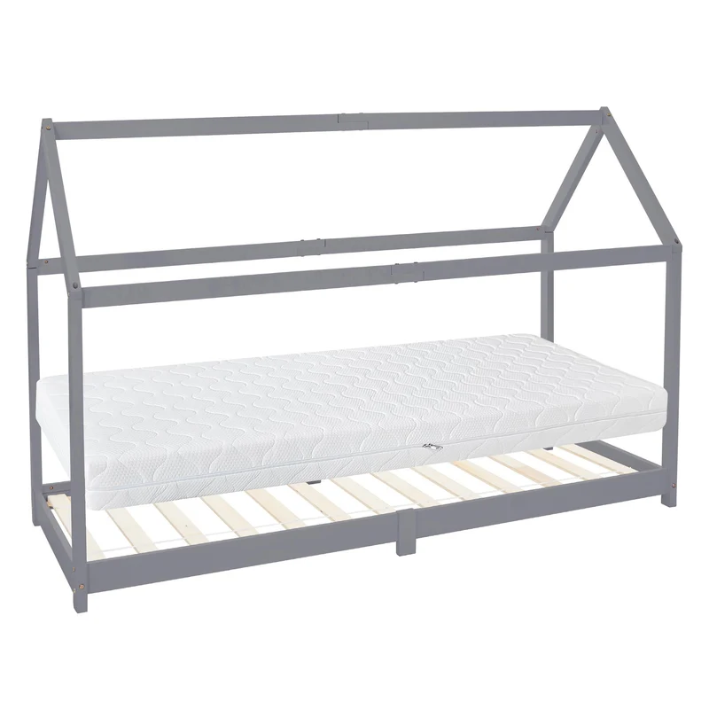 Kinderbett Hausbett 90x200 cm Hellgrau aus Kiefernholz inkl. Matratze H-16cm Holzbett mit Dach und Lattenrost ML-Design