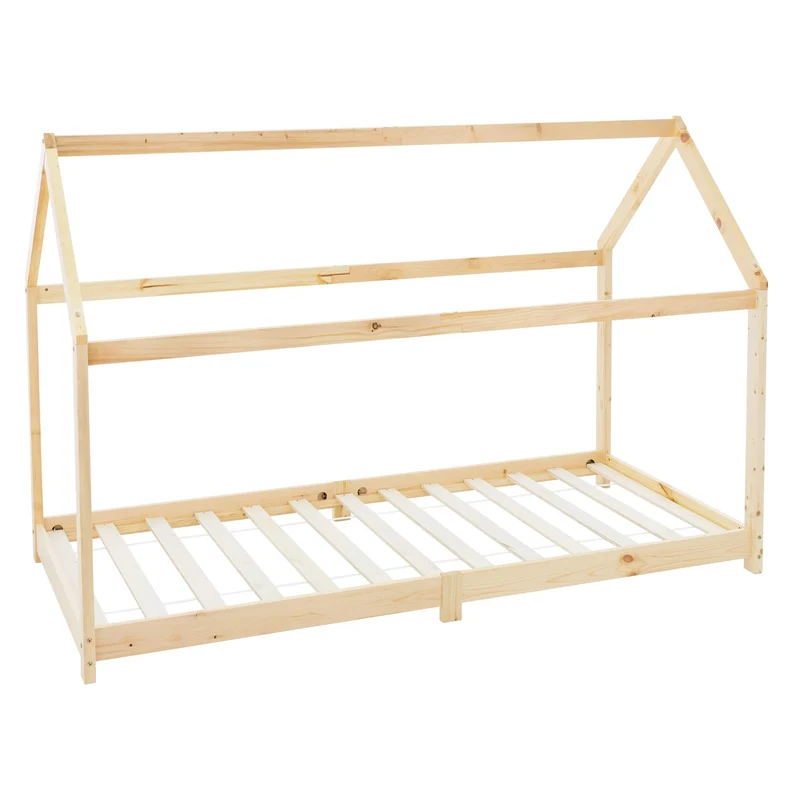 Kinderbett Hausbett 90x200 cm aus Kiefernholz Holzbett mit Dach und Lattenrost ML-Design