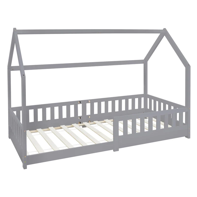 Kinderbett Hausbett 90x200 cm Hellgrau aus Kiefernholz mit Rausfallschutz Dach und Lattenrost Holzbett ML-Design