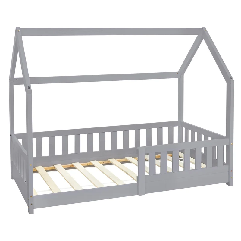 Kinderbett Hausbett 80x160 cm Hellgrau aus Kiefernholz mit Rausfallschutz Dach und Lattenrost Holzbett ML-Design