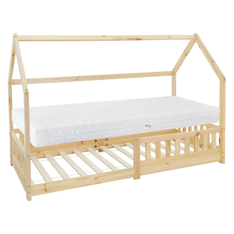 Kinderbett Hausbett 90x200 cm aus Kiefernholz inkl. Matratze H-16cm Rausfallschutz Dach und Lattenrost ML-Design