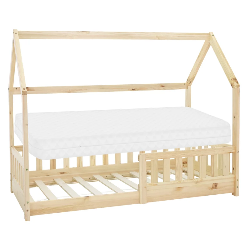 Kinderbett Hausbett 80x160 cm aus Kiefernholz inkl. Matratze H-10cm Rausfallschutz Dach und Lattenrost ML-Design
