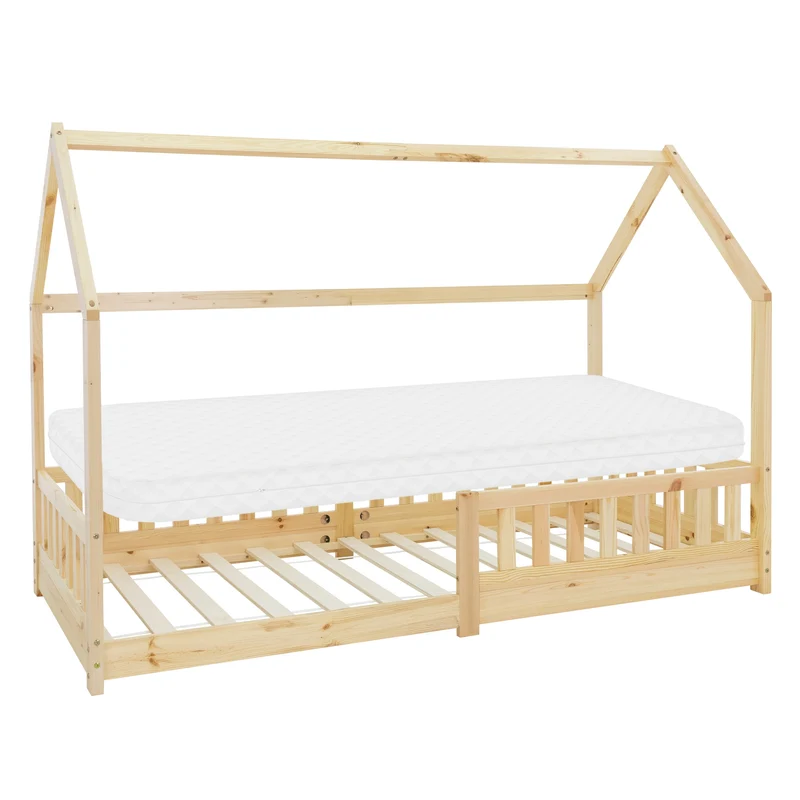 Kinderbett Hausbett 90x200 cm aus Kiefernholz inkl. Matratze H-10cm Rausfallschutz Dach und Lattenrost ML-Design