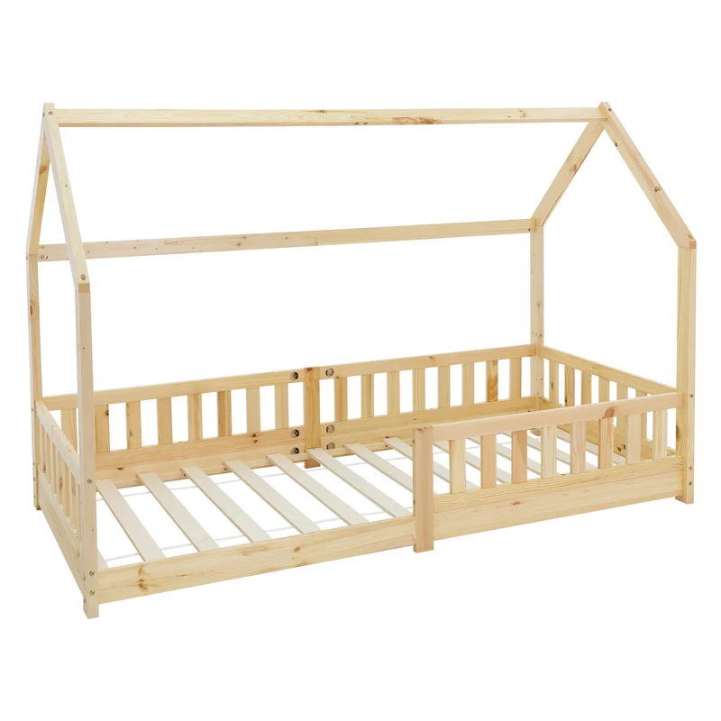 Kinderbett Hausbett 90x200 cm aus Kiefernholz mit Rausfallschutz Dach und Lattenrost Holzbett ML-Design