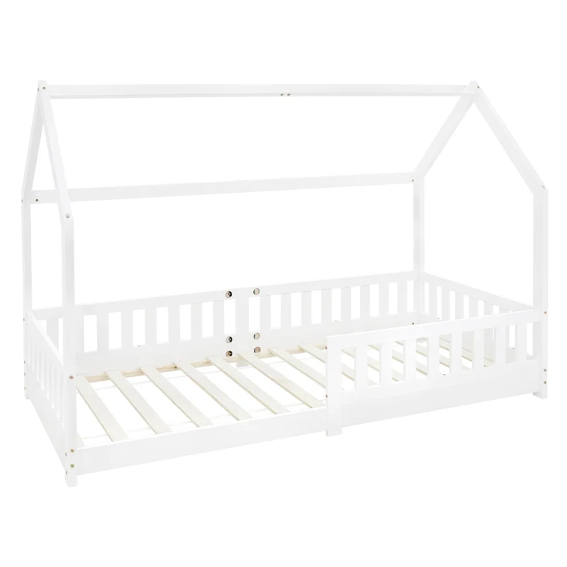 Kinderbett Hausbett 90x200 cm Weiß aus Kiefernholz mit Rausfallschutz Dach und Lattenrost Holzbett ML-Design