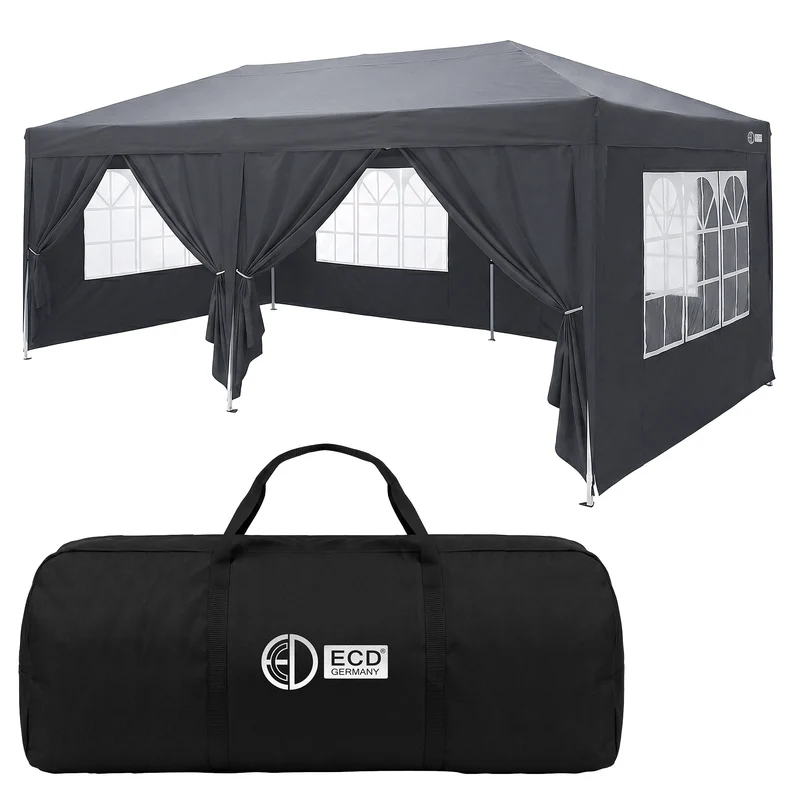 ECD Germany | Pavillon Pop Up B-Ware Wasserabweisend mit 6 Seitenwänden 3x6 m Polyester Oxford-Gewebe Anthrazit Faltpavillon Gartenpavillon Gartenzelt