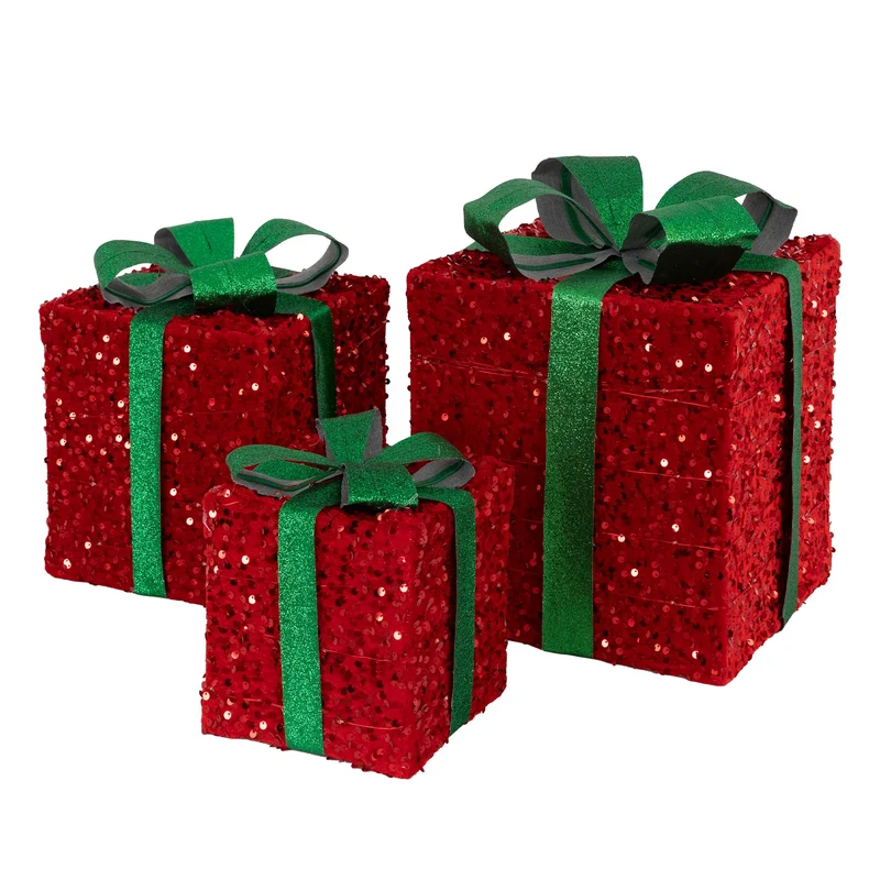 Deko Weihnachtsgeschenke 3er Set mit LEDs Grün/Rot mit Schleifen und Timer