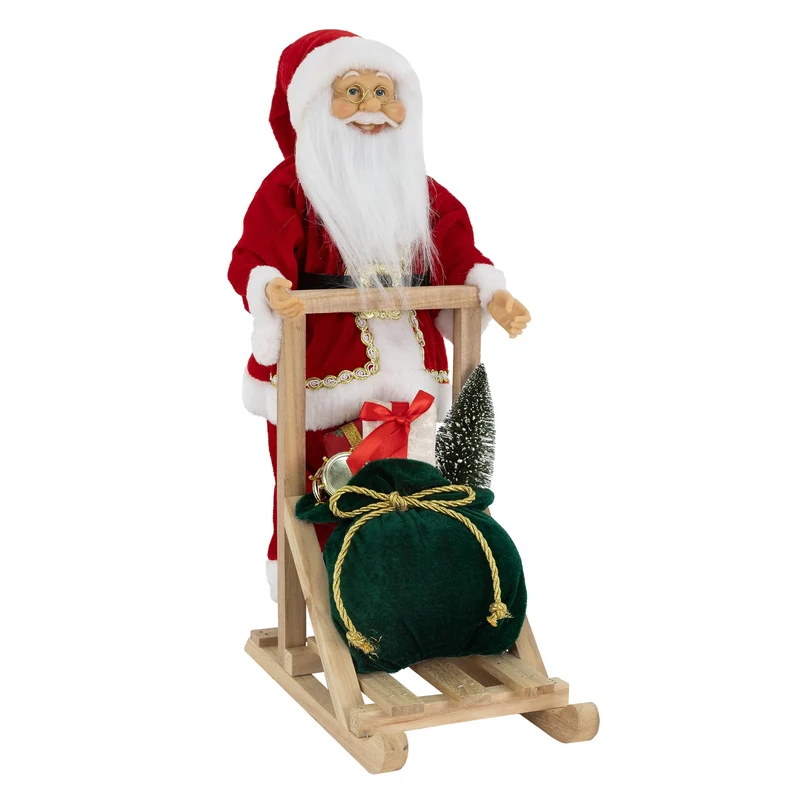 Weihnachtsmann Dekofigur 50 cm mit Holzschlitten aus Kunststoff und Holz