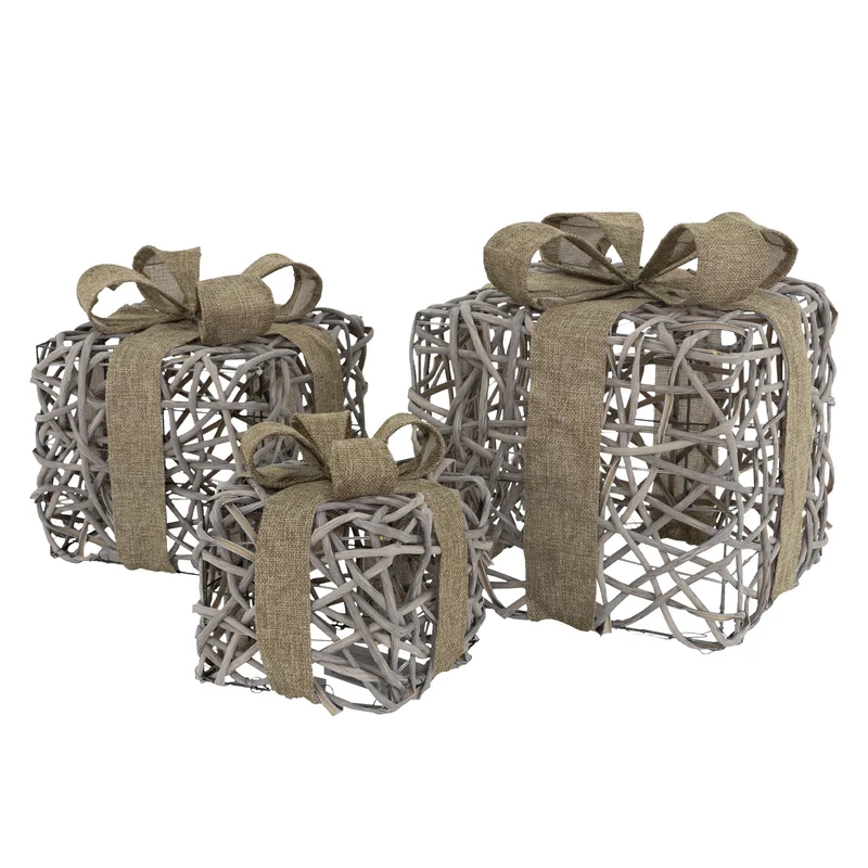 LED Weihnachtsgeschenke 3er Set Grau mit Schleifen und Timer