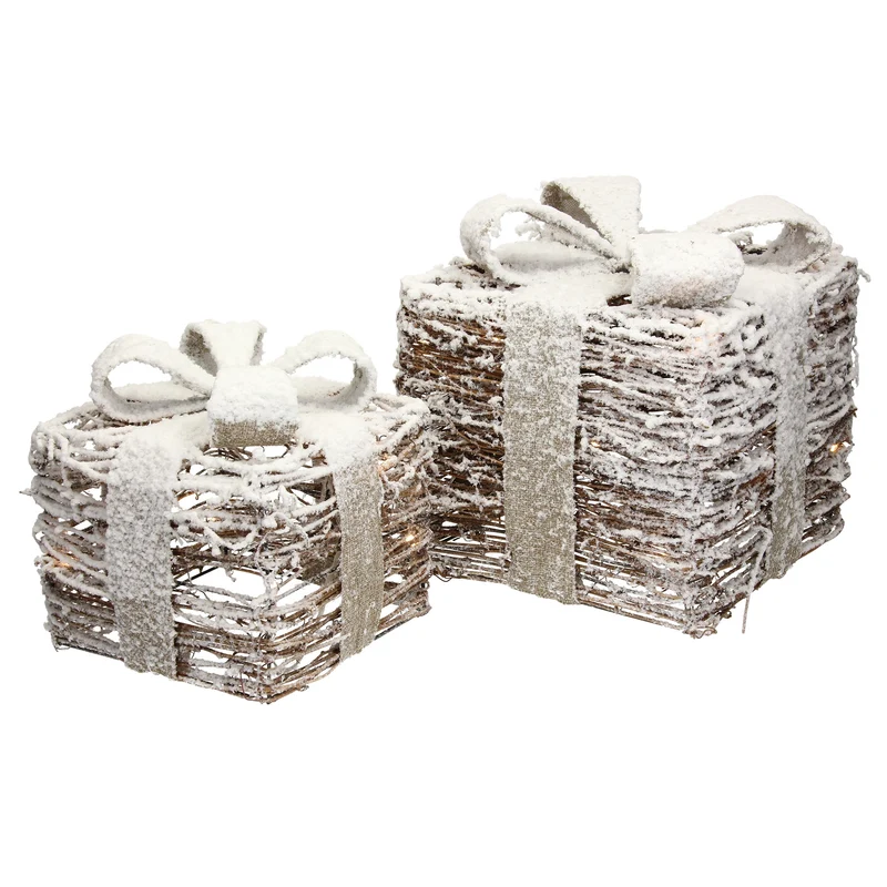 LED Geschenkboxen 2er Set Braun aus Rattan