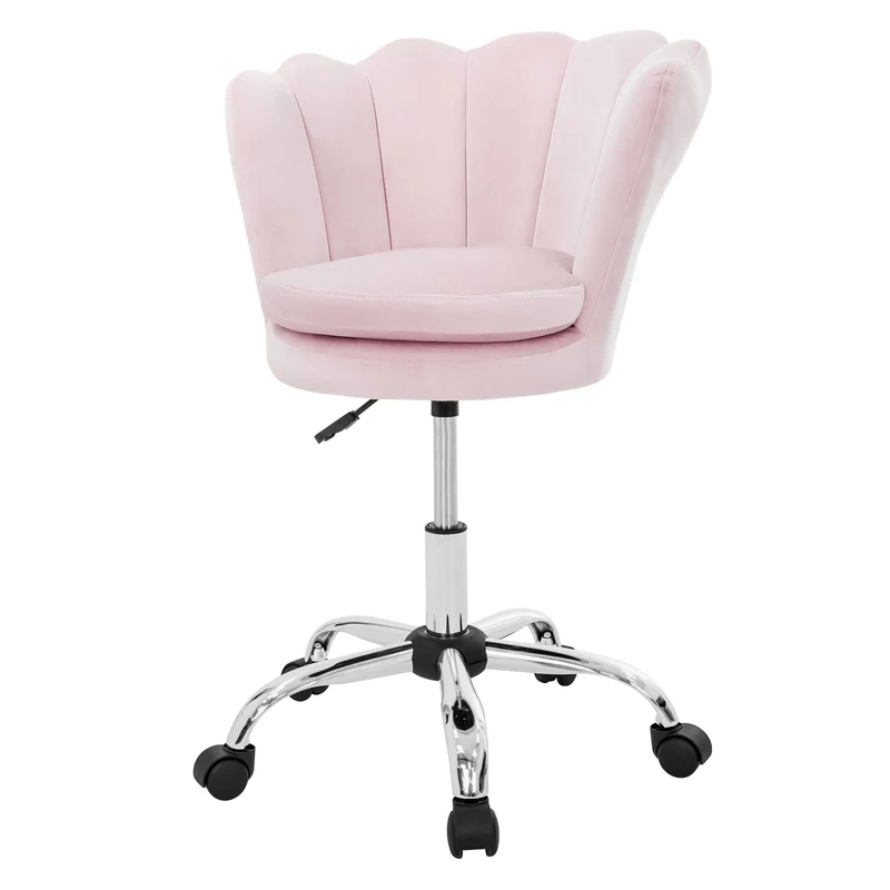 Bürostuhl mit Rollen und Rückenlehne Muscheldesign 55x60 cm Hellrosa aus Samt Schminktisch Stuhl ML-Design