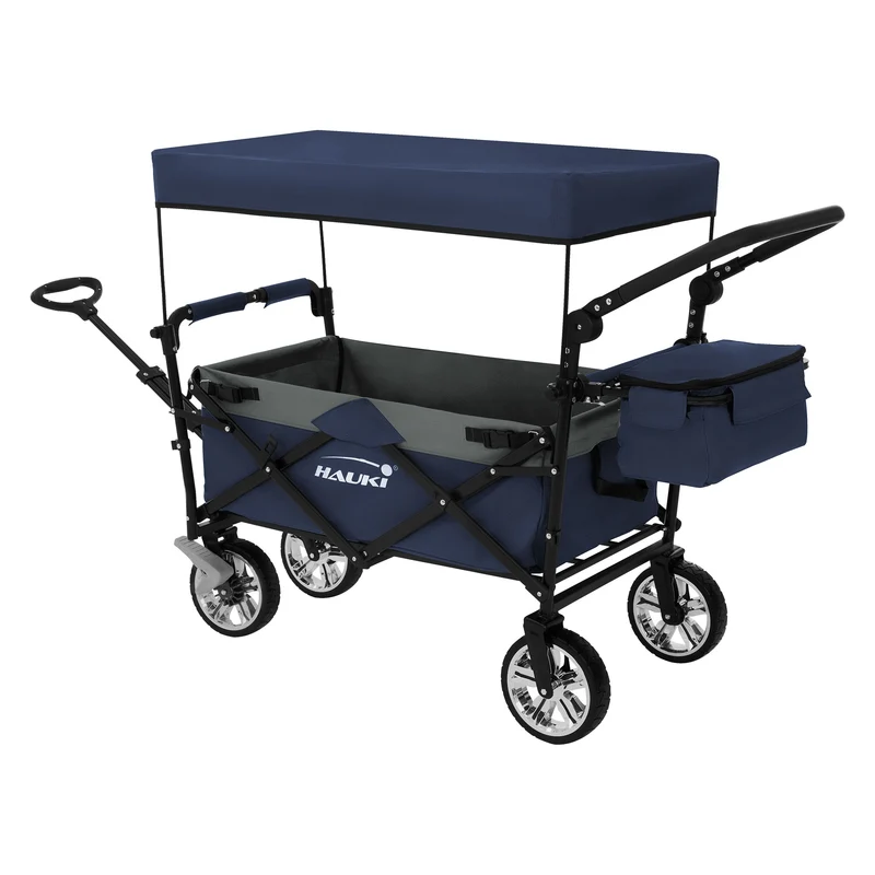 HAUKI | Bollerwagen XXL faltbar mit Dach und Tasche bis 120 kg aus Stahl Blau-Grau Transportwagen Handwagen klappbar für Kinder Picknick & Camping