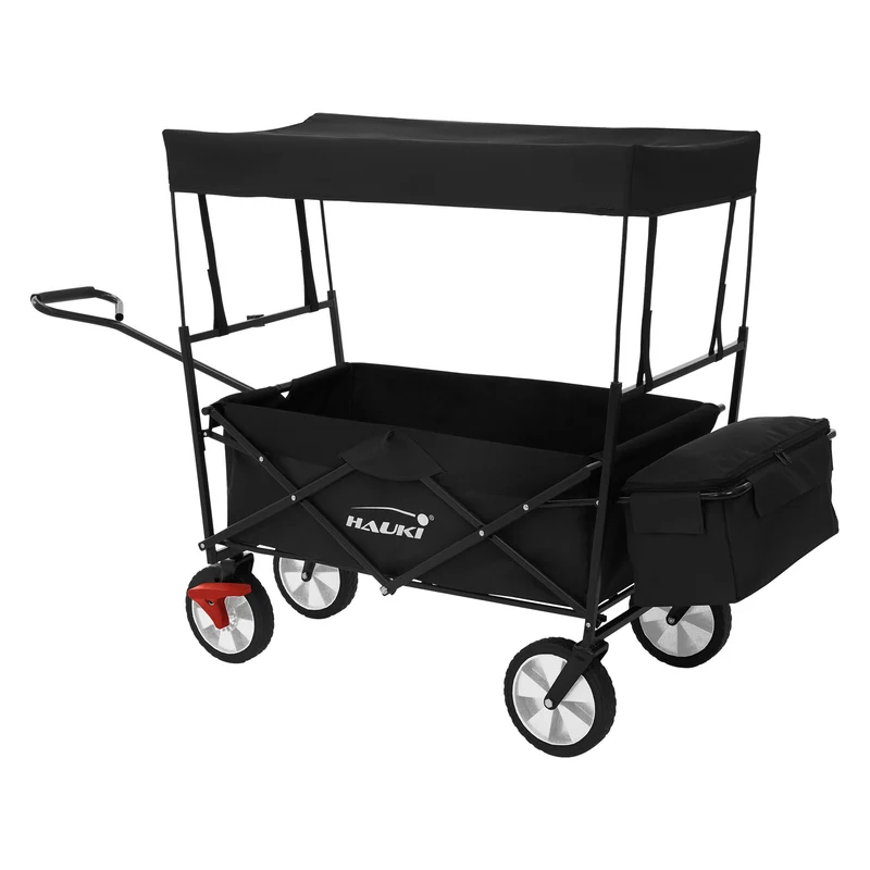 HAUKI | Bollerwagen faltbar mit Dach und Tasche bis 80 kg aus Stahl Schwarz Transportwagen Handwagen klappbar für Kinder, Picknick, Camping & Garten