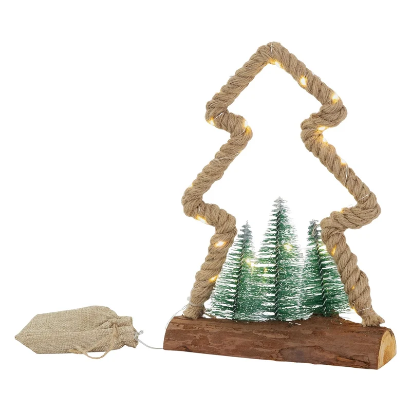 ECD Germany | LED Weihnachtsbaum aus Juteseil, Standfigur, Weihnachtsdeko mit warmweißen LEDs, 3 Tannen und Jutesäckchen, Batteriebetrieb mit Timer