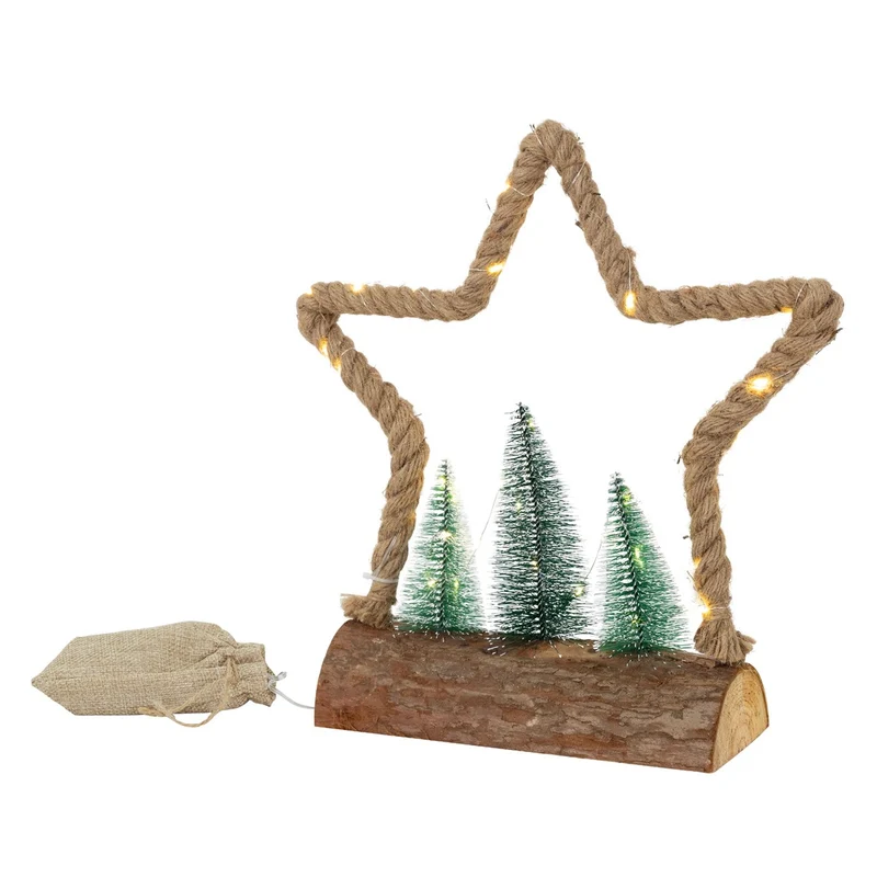 ECD Germany | LED Jute Stern aus Seil, Weihnachtsdeko mit warmweißen LEDs, 3 Tannen und Jutesäckchen, Batteriebetrieb mit Timer